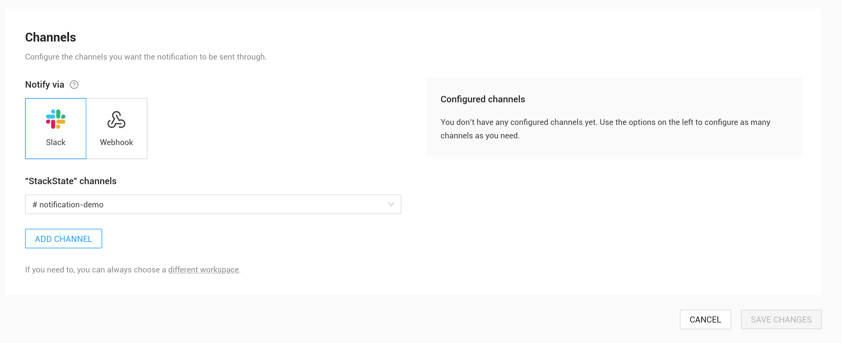 Selecione o canal do Slack